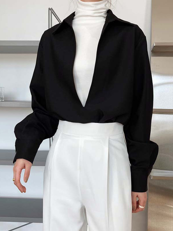 xakxx Long Sleeves Loose Solid Color Lapel Blouses