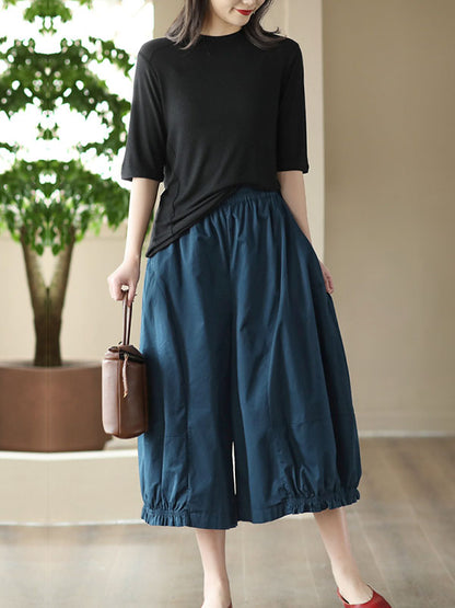 xakxx Cropped Pleated Wide Leg Casual Pants Bottoms