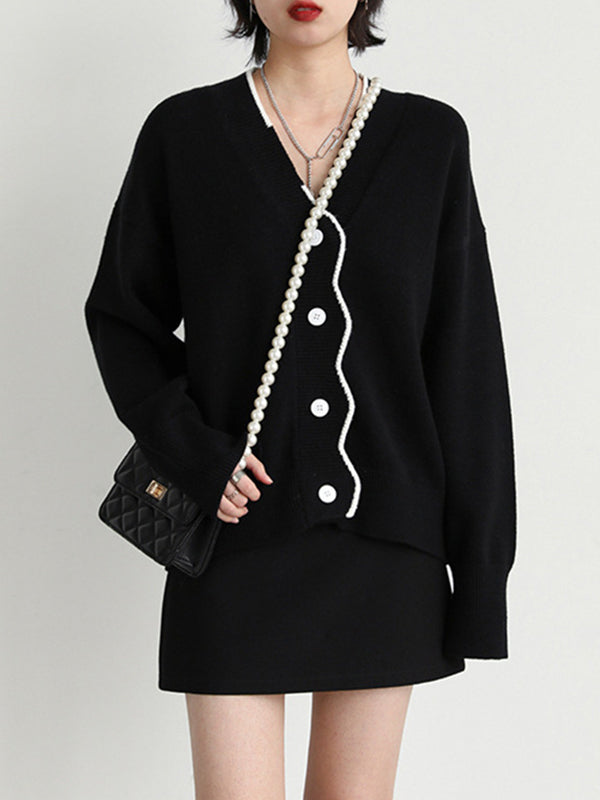 xakxx Casual Loose Long Sleeves Buttoned Contrast Color V-Neck Cardigan Tops
