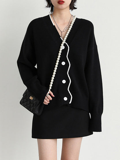 xakxx Casual Loose Long Sleeves Buttoned Contrast Color V-Neck Cardigan Tops
