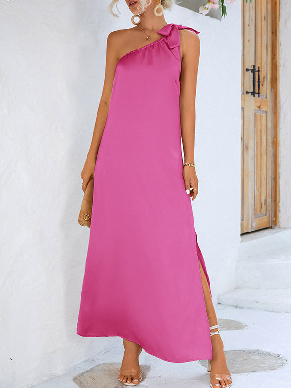 xakxx Loose Sleeveless Solid Color One-Shoulder Maxi Dresses