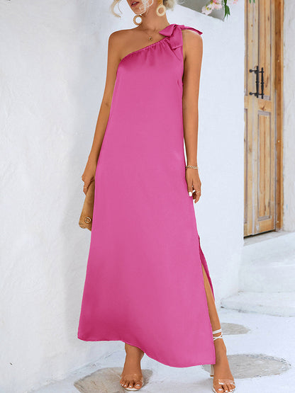 xakxx Loose Sleeveless Solid Color One-Shoulder Maxi Dresses