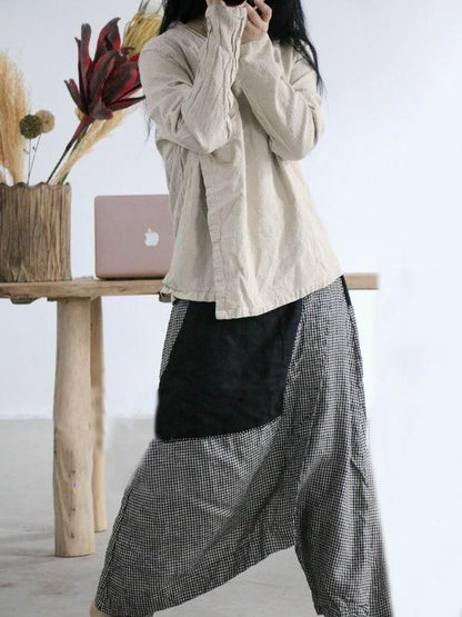 xakxx Vintage Plaid Split-joint Cropped Linen Pants