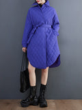 xakxx Simple Loose Rhombic Belted Solid Color Lapel Padded Coat