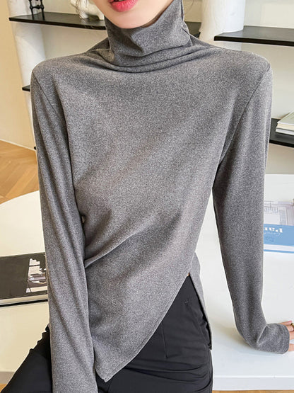 xakxx Casual Skinny Long Sleeves Split-Side Solid Color High-Neck T-Shirts Tops