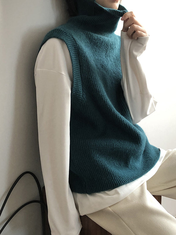xakxx Casual Loose Sleeveless Solid Color High-Neck Sweater Vest Outerwear