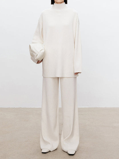xakxx xakxx-Solid Color Long Sleeves High-Neck Sweater Top + Wide Leg Pants Bottom Two Pieces Set
