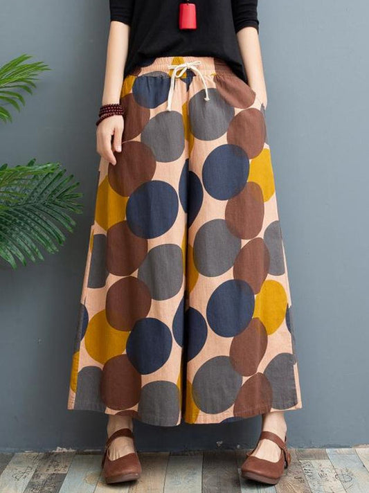 xakxx Vintage Wide Leg Loose Contrast Color Printed Polka-Dot Casual Pants Bottoms