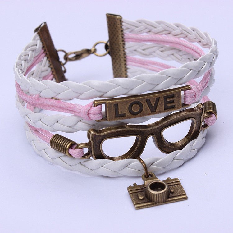 xakxx Cute Camera Glasses Leather Cord Woven Bracelet