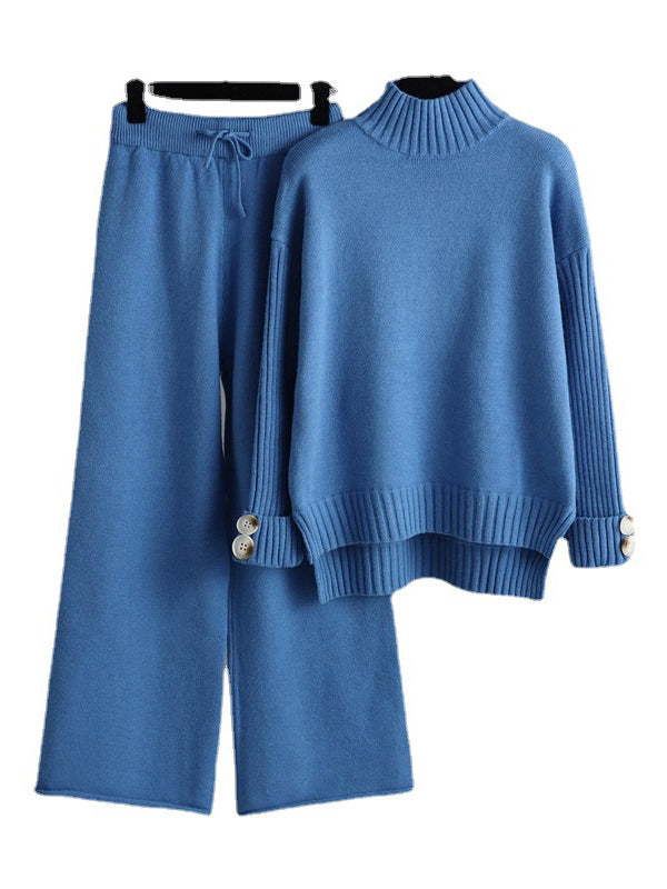 xakxx Urban Long Sleeves Solid Color Half Turtleneck Sweater Tops & Wide Leg Pants Two Pieces Set