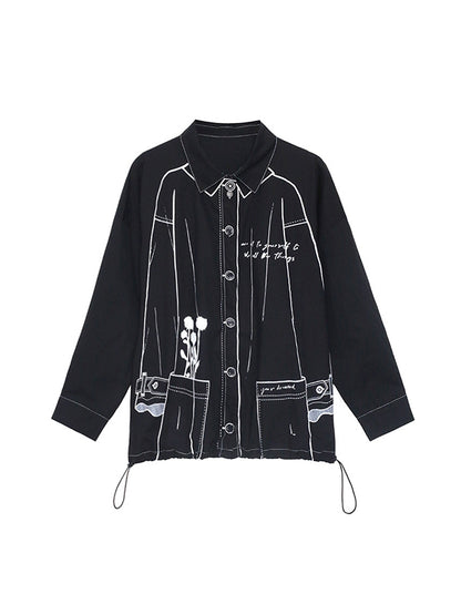 xakxx Casual Contrast Color Printed Drawstring Blouse Top