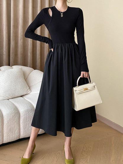 xakxx A-Line Long Sleeves Elasticity Hollow Solid Color Split-Joint Round-Neck Midi Dresses