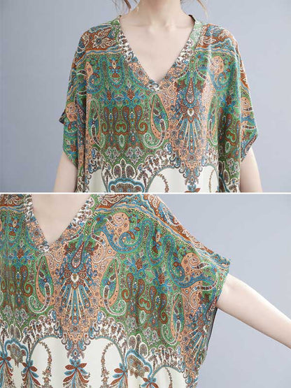 xakxx Vintage Floral Printed V-Neck Batwing Sleeves H-Line Maxi Dress