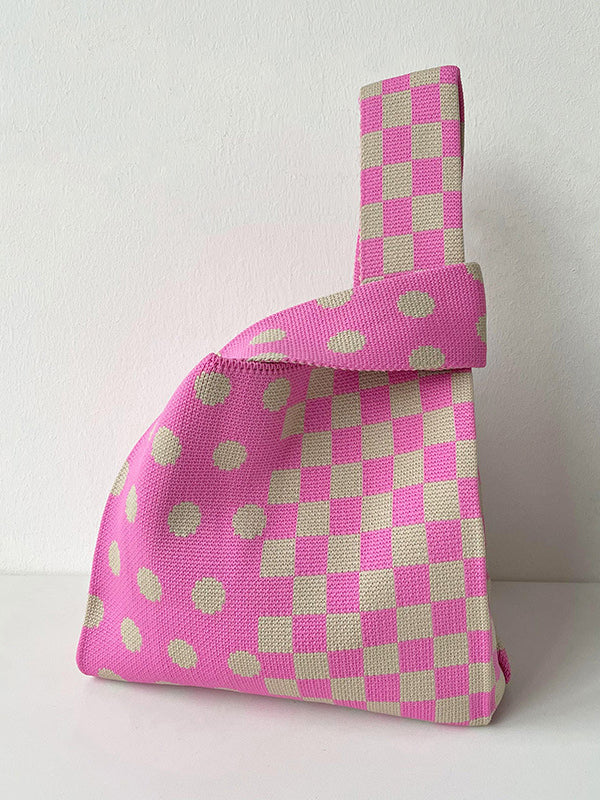 xakxx Contrast Color Plaid Polka-Dot Woven Handbag