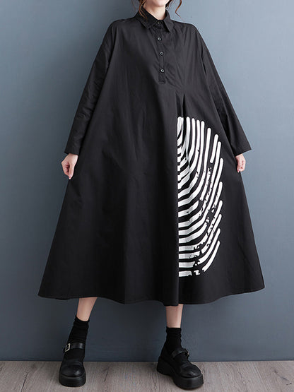xakxx A-Line Long Sleeves Asymmetric Buttoned Pleated Printed Split-Joint Lapel Midi Dresses Shirt Dress