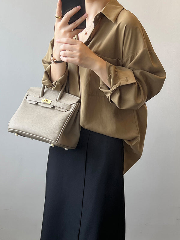xakxx Vintage Long Sleeves Loose Solid Color Lapel Collar Blouses