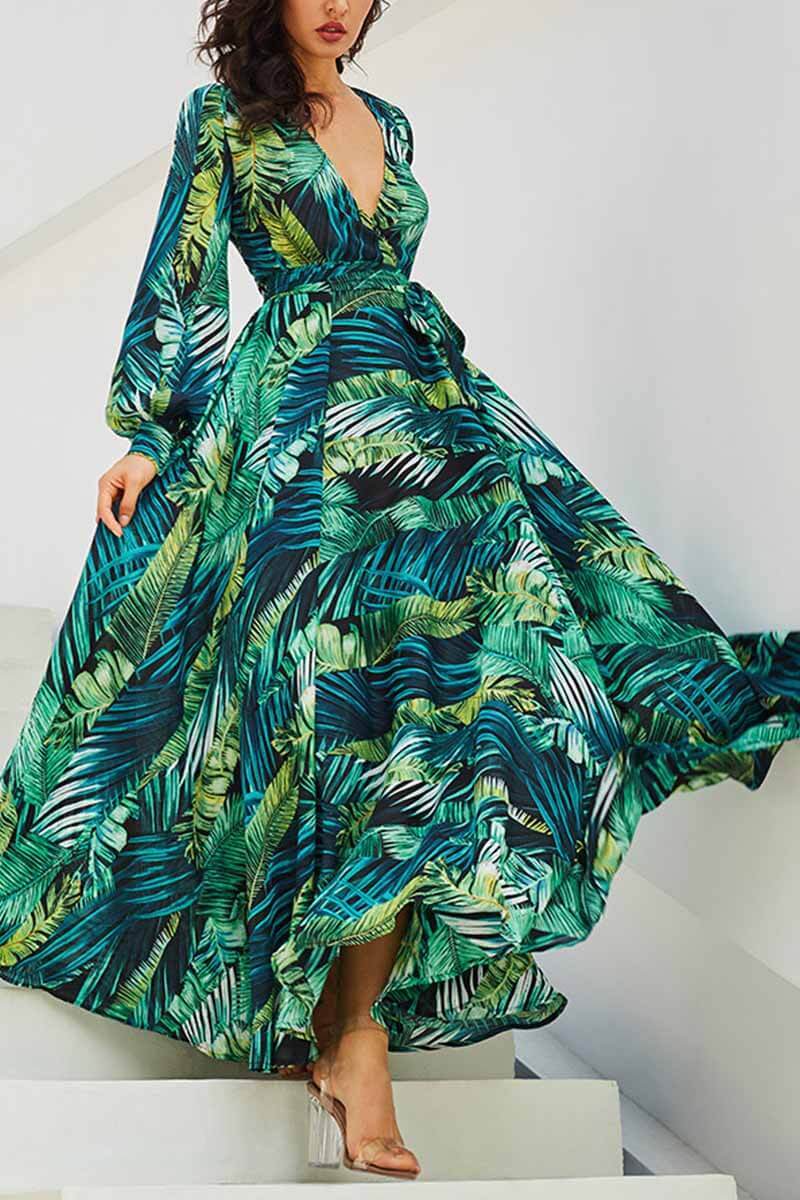 Xakxx V-Neck Leaf Print Maxi Dress