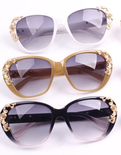 xakxx Women's Vintage Gold-tone Roses Carving Oversize Black Frame Sunglasses