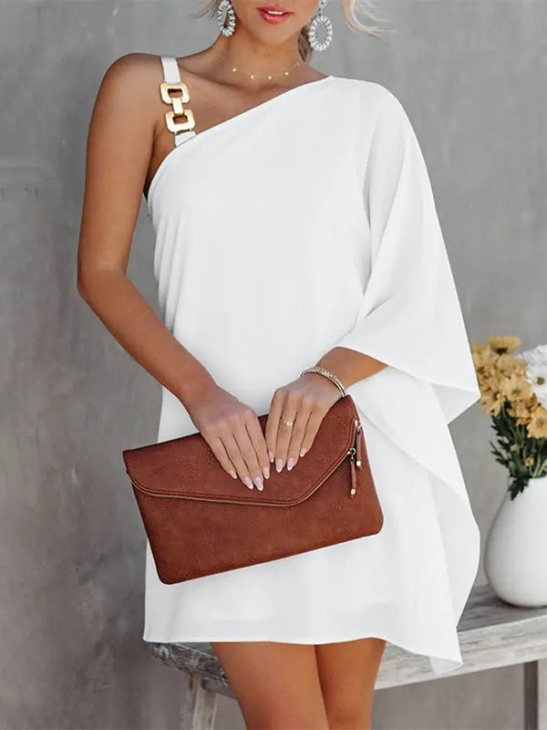 xakxx Batwing Sleeves Hollow Printed One-Shoulder Mini Dresses