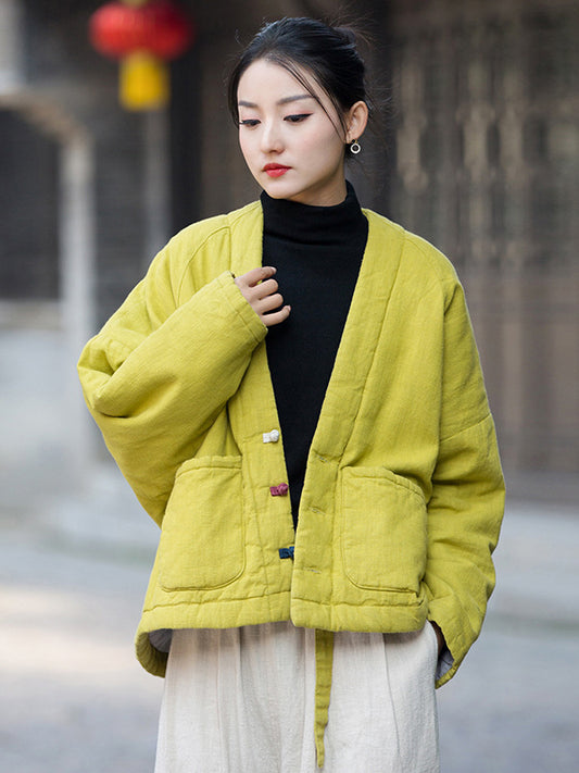 xakxx Vintage Loose Long Sleeves Keep Warm V-Neck Padded Coat