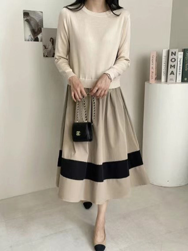 xakxx A-Line Long Sleeves Pleated Split-Joint Round-Neck Midi Dresses