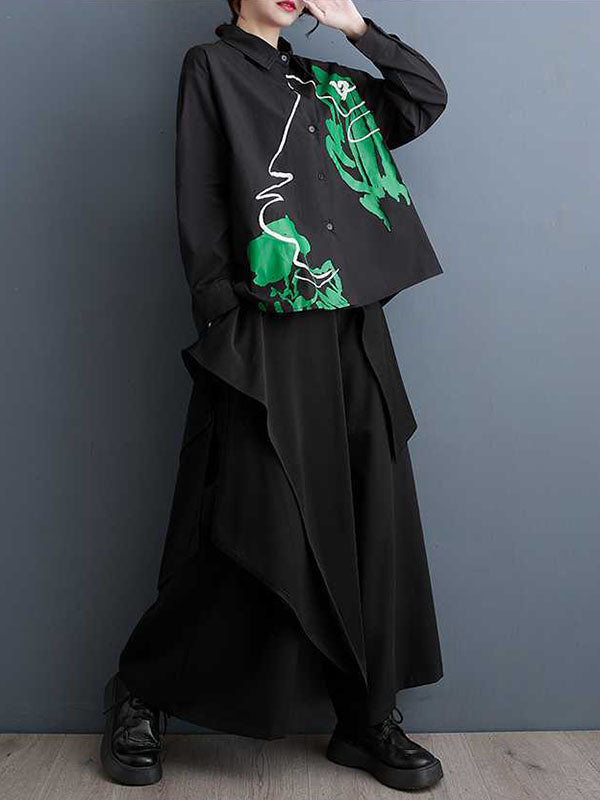 xakxx High-Low Long Sleeves Buttoned Printed Lapel Blouses&Shirts Tops