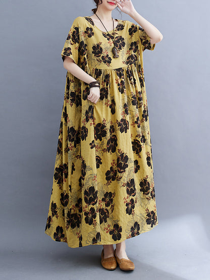 xakxx Loose Short Sleeves Pleated Printed Split-Joint Round-Neck Midi Dresses