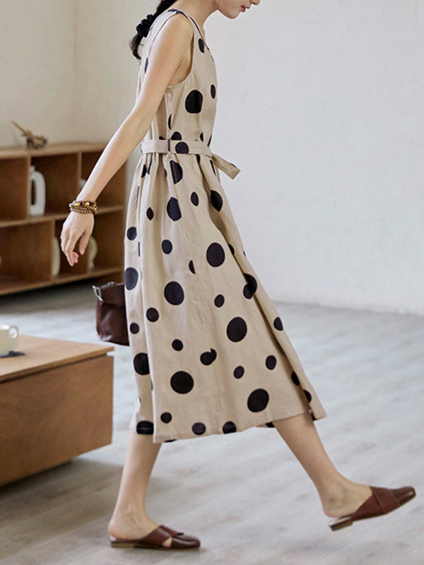 xakxx Loose Sleeveless Contrast Color Pleated Polka-Dot Split-Joint Tied Waist Round-Neck Midi Dresses