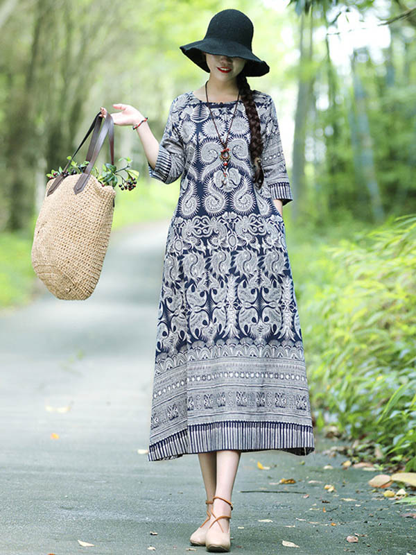 xakxx Vintage Cotton Blend Printing Midi Dresses