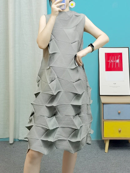 xakxx Casual Sleeveless Irregularity Pleated Solid Color Stand Collar Midi Dresses