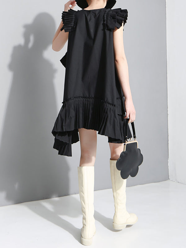 xakxx Flying Sleeves Loose Asymmetric Pleated Solid Color Split-Joint Round-Neck Midi Dresses
