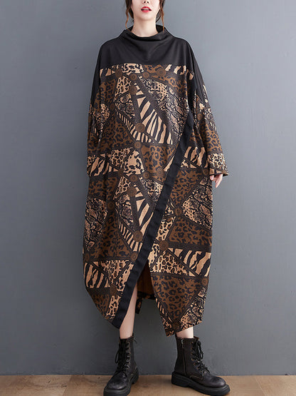 xakxx Long Sleeves Loose Asymmetric Printed Split-Front Split-Joint Mock Neck Midi Dresses