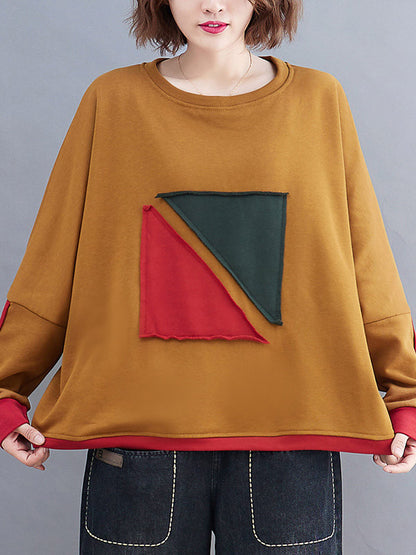 xakxx Artistic Retro Loose Triangle Applique Contrast Color Round-Neck Long Raglan Sleeves Sweatshirt