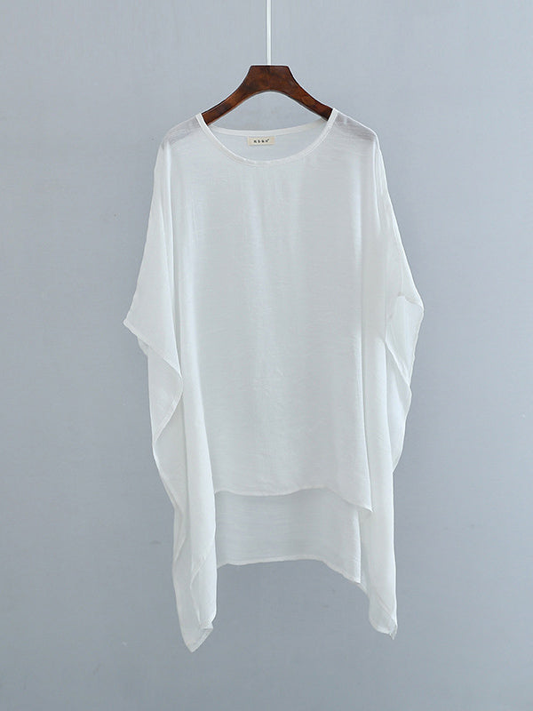 xakxx Half Sleeves High-Low See-Through Solid Color Round-Neck Blouses