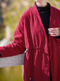 xakxx Long Sleeves Loose Cotton-Padded Clothes Drawstring Quilted Solid Color Velvet V-Neck Outerwear Padded Coat