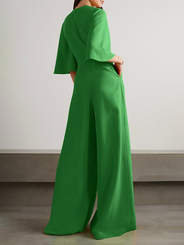 xakxx Loose Short Sleeves Solid Color Round-Neck Jumpsuits