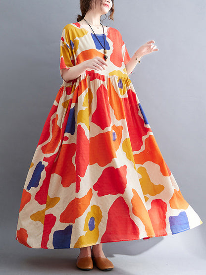 xakxx Artistic Retro Short Sleeves Loose Contrast Color Printed Round-Neck Midi Dresses