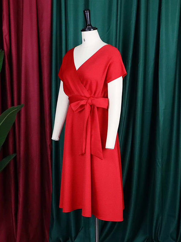 xakxx Bowknot Lace-Up Solid Color V-Neck Midi Dresses