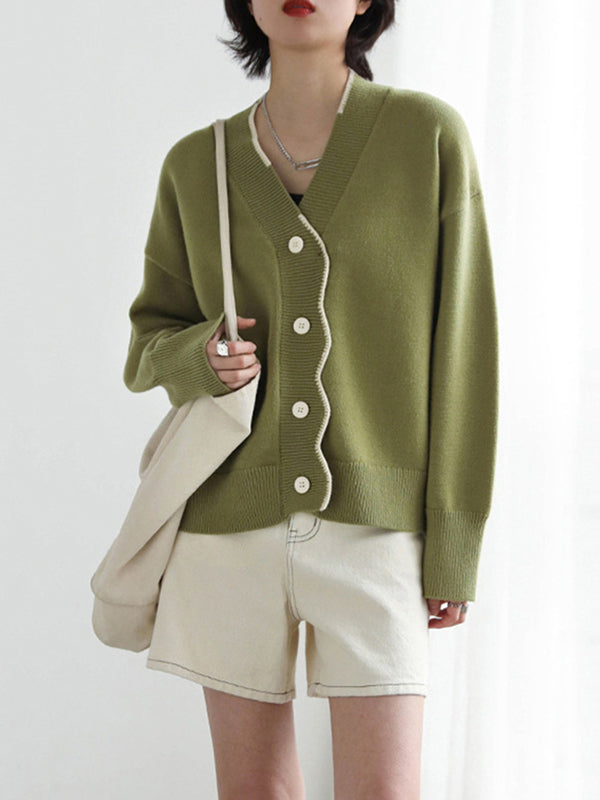 xakxx Casual Loose Long Sleeves Buttoned Contrast Color V-Neck Cardigan Tops