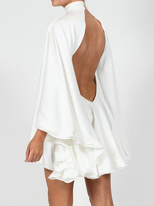 xakxx Solid Color High-Neck Backless Flared Sleeves Mini Dress