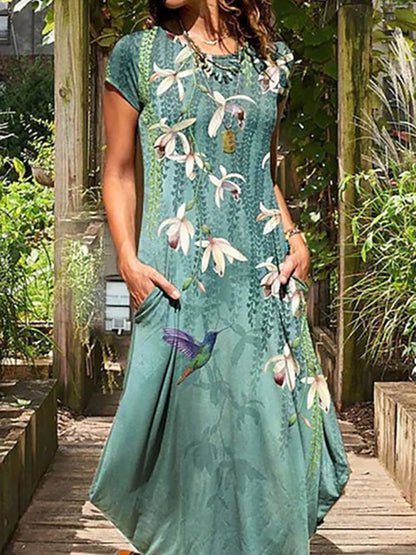 xakxx A-Line Loose Animal Printed Flower Print Round-Neck Midi Dresses
