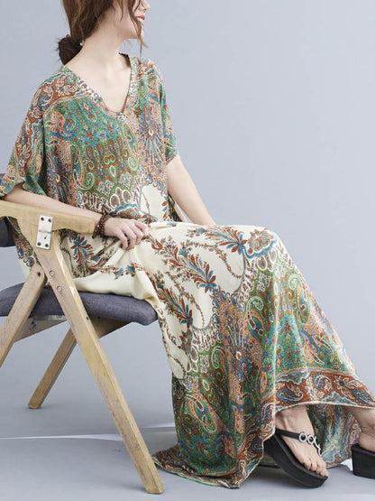 xakxx Vintage Floral Printed V-Neck Batwing Sleeves H-Line Maxi Dress