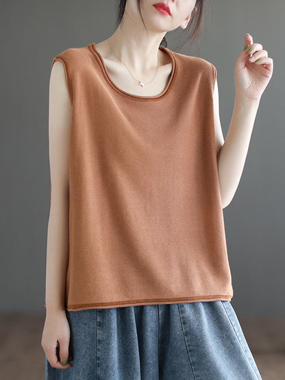 xakxx Loose Sleeveless Solid Color Round-Neck Knitting Vest Top