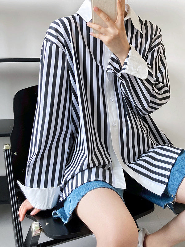 xakxx Simple Long Sleeves Contrast Color Striped Lapel Blouse Top