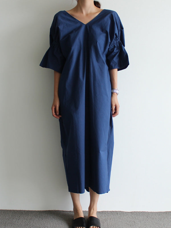xakxx Casual Half Sleeves Loose Pleated Solid Color V-Neck Midi Dresses
