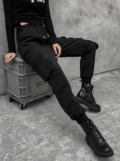 xakxx Stylish Drawstring Punk Empire Black Casual Overalls Pants