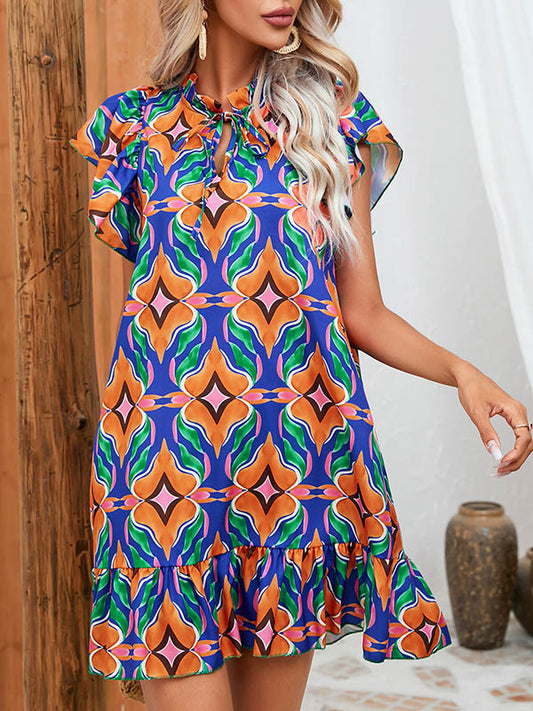 xakxx A-Line High Waisted Hollow Pleated Printed Split-Joint Tied Round-Neck Mini Dresses
