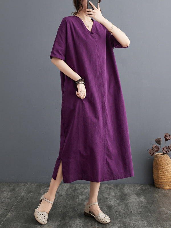 xakxx A-Line Loose Chinese Frog Buttons Pockets Solid Color Split-Side V-Neck Midi Dresses