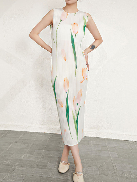 xakxx Loose Sleeveless Flower Print Pleated Round-Neck Midi Dresses