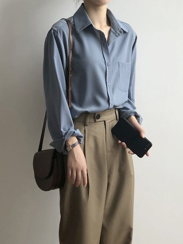 xakxx Urban Solid Color Lapel Long Sleeves Blouse